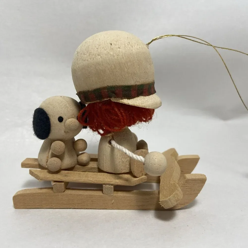 Vintage Handmade Wood Art Girl With Big And Puppy On Sleigh Figurine